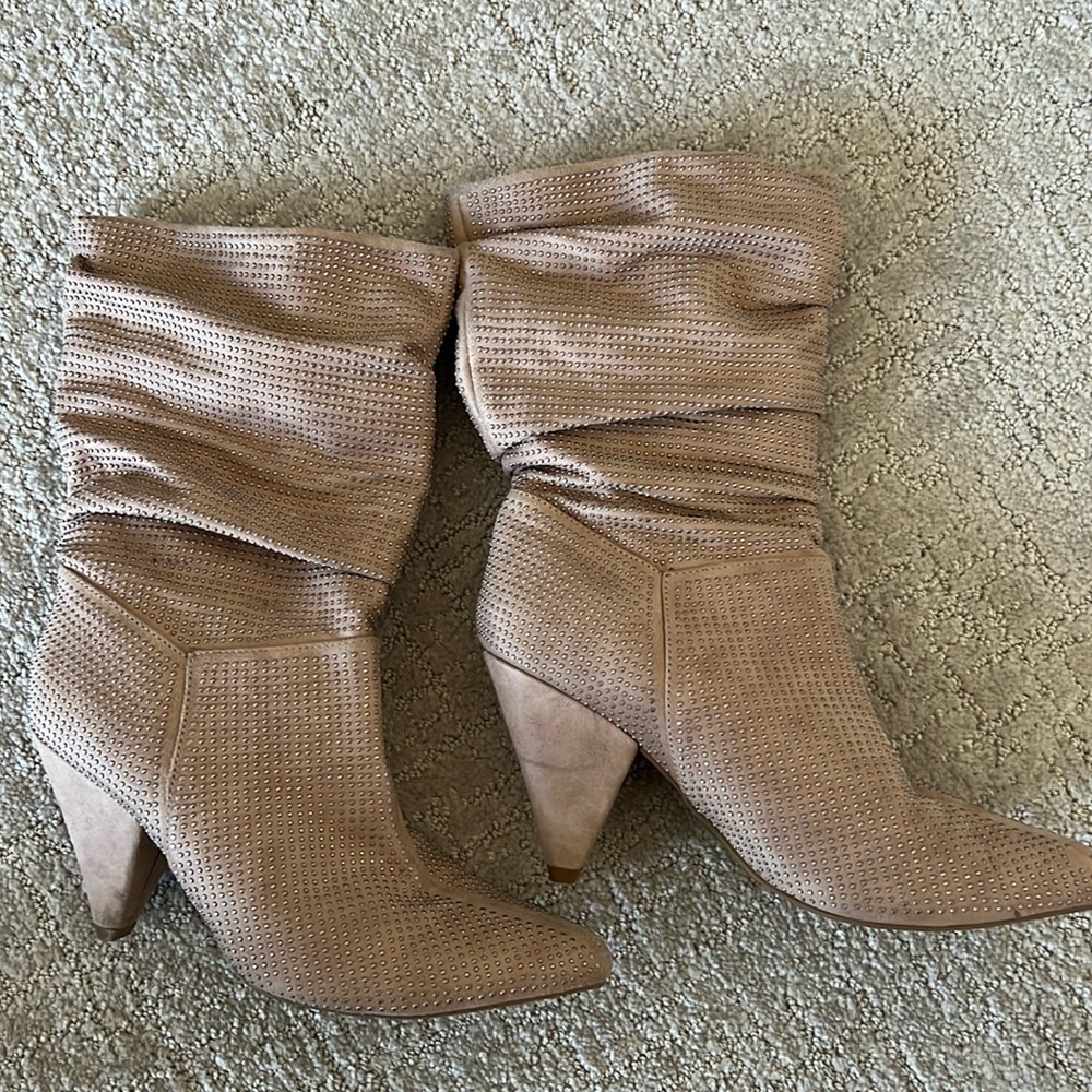 Faux suede studded mini heel boots